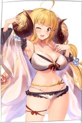 Rule 34 | 1girl, ;d, ahoge, anila (granblue fantasy), anila (summer) (granblue fantasy), arm up, armpits, bare shoulders, bikini, black bow, blonde hair, blunt bangs, blush, bow, bow bikini, breasts, brown eyes, cleavage, collarbone, cowboy shot, detached sleeves, draph, flower, frilled bikini, frills, granblue fantasy, hair flower, hair ornament, hand on own chest, highres, horns, kei (soundcross), large breasts, long hair, long sleeves, looking at viewer, navel, one eye closed, open mouth, red ribbon, ribbon, round teeth, see-through, simple background, skindentation, smile, solo, stomach, swimsuit, teeth, thick eyebrows, thigh strap, thighs, upper teeth only, very long hair, white background, white bikini, wide sleeves