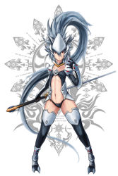 Rule 34 | 1girl, absurdly long hair, arc system works, armor, artist request, black panties, black thighhighs, blazblue, blazblue: calamity trigger, blue hair, bracer, center opening, claws, crest, detached collar, extra eyes, flat chest, forehead protector, full body, gender request, genderswap, hakumen, high ponytail, highres, long hair, navel, panties, pauldrons, red eyes, reverse grip, shoulder armor, solo, sword, thighhighs, underwear, very long hair, weapon