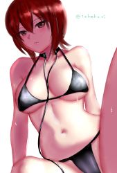 Rule 34 | 1girl, arm support, bad id, bad pixiv id, bikini, black bikini, breasts, brown eyes, brown hair, closed mouth, commentary, frown, girls und panzer, highres, leaning to the side, looking at viewer, medium breasts, navel, nishizumi maho, one-hour drawing challenge, simple background, sitting, solo, string bikini, swimsuit, takefu jiin, throat microphone, twitter username, wet, white background