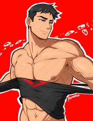 Rule 34 | 1boy, abs, absurdres, bara, black hair, black shirt, blue eyes, closed mouth, dc comics, highres, kon-el, kuroshinki, large pectorals, male focus, muscular, muscular male, navel, nipples, pectorals, shirt, short hair, simple background, solo, superboy, torn clothes, torn shirt, upper body, veins, veiny arms, young justice