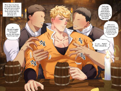 Rule 34 | 3boys, alcohol, bara, black hair, blonde hair, blush, closed mouth, dduck you, drunk, english text, faceless, faceless male, grabbing, granblue fantasy, green eyes, groping, highres, holding, large pectorals, looking at another, male focus, multiple boys, muscular, muscular male, orange shirt, pectoral grab, pectorals, shirt, short hair, smile, vane (granblue fantasy), yaoi