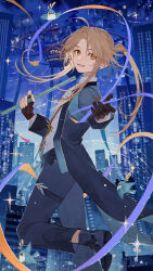 Rule 34 | 1boy, absurdres, ahoge, asymmetrical gloves, black gloves, blonde hair, blue coat, blue footwear, blue pants, building, calendulamew, city, cityscape, coat, collared shirt, flute, foot out of frame, gloves, highres, holding, holding instrument, honkai: star rail, honkai (series), instrument, leg up, long hair, looking at viewer, male focus, night, official art, open mouth, origami bird (honkai: star rail), outdoors, pants, parted bangs, partially fingerless gloves, ponytail, scenery, second-party source, shirt, smile, solo, sparkle, standing, standing on one leg, thigh strap, uneven gloves, white shirt, yanqing (honkai: star rail), yanqing (star rail live 2024) (honkai: star rail), yellow eyes