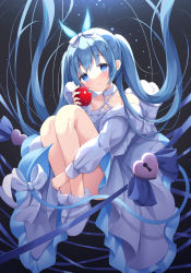 Rule 34 | 1girl, apple, bare shoulders, blue eyes, blue hair, blue ribbon, blush, bow, closed mouth, collarbone, commentary, criss-cross halter, dress, english commentary, food, fruit, full body, fur trim, gochuumon wa usagi desu ka?, hair bow, hair ornament, halterneck, heart, highres, holding, holding food, holding fruit, kafuu chino, keyhole, knees up, long hair, off-shoulder dress, off shoulder, red apple, ribbon, satsuki yukimi, shoes, solo, twintails, very long hair, white bow, white dress, white footwear, x hair ornament