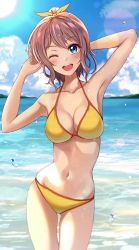 Rule 34 | 1girl, aranami shibuki, arm behind head, arms up, bad id, bad pixiv id, bang dream!, bikini, blue eyes, blue sky, breasts, brown hair, cleavage, cloud, commentary request, day, hair ribbon, halterneck, highres, lens flare, looking at viewer, md5 mismatch, medium breasts, ocean, one eye closed, open mouth, outdoors, ponytail, ribbon, round teeth, short hair, sky, solo, swimsuit, teeth, upper teeth only, yamabuki saya, yellow bikini