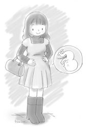 Rule 34 | 1girl, bag, boots, copyright request, dress, fetus, handbag, lowres, monochrome, pregnant, smile, solo, standing, x-ray