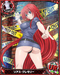 Rule 34 | 10s, 1girl, ahoge, artist request, ass, blue eyes, breasts, card (medium), caution tape, character name, chess piece, cuffs, dress, female focus, handcuffs, high school dxd, king (chess), large breasts, long hair, official art, police, police uniform, red eyes, red hair, rias gremory, short dress, solo, trading card, uniform, very long hair