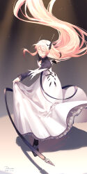 Rule 34 | 1girl, absurdres, arknights, closed eyes, closed mouth, dancing, dated, dress, frilled dress, frills, full body, hair between eyes, highres, horns, long hair, long sleeves, pink hair, signature, skirt hold, solo, theresa (arknights), twitter username, very long hair, white dress, yoruyume