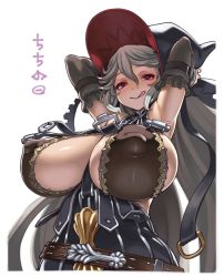 Rule 34 | 10s, 1girl, :q, arms up, bare shoulders, blush, border, breasts, covered erect nipples, detached sleeves, granblue fantasy, hat, huge breasts, kosuke orz, long hair, magisa (granblue fantasy), parted bangs, puffy nipples, red eyes, silver hair, simple background, smile, solo, tongue, tongue out, white background, white border, witch hat