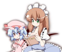 Rule 34 | 2girls, bad id, bad pixiv id, blue hair, book, breasts, brown hair, cleavage, female focus, green eyes, hat, highres, holding, holding book, kaz (shade), large breasts, long hair, maid, maid headdress, makihara nodoka, multiple girls, open book, original, reading, red eyes, remilia scarlet, short hair, simple background, skirt, standing, touhou, white background, wings
