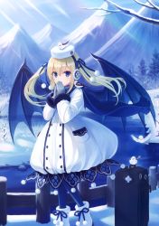 Rule 34 | 1girl, absurdres, animal, bird, blonde hair, blue eyes, blue pantyhose, blue theme, boots, branch, demon wings, dress, earmuffs, floating hair, fur trim, gloves, grey gloves, hair ribbon, hands up, highres, long hair, long sleeves, looking at viewer, luggage, mountain, original, outdoors, own hands together, pantyhose, ribbon, scan, scarf, snow, solo, sunlight, twintails, water, white dress, white headwear, wings, winter, winter clothes, yashiro seika