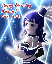 Rule 34 | 1girl, 2021, absurdres, aqua belt, artist name, artist request, asaka karin, bare shoulders, belt, black gloves, black sleeves, blue belt, blue bow, blue camisole, blue detached collar, blue eyes, blue hair, blue hat, blue pants, blue shirt, blue shorts, blue sky, blue tank top, blue wrist cuffs, blush, bow, bowtie, breasts, bridal gauntlets, buttons, camisole, cleavage, cloud, collarbone, crop top, dark blue hair, detached collar, detached sleeves, earrings, elbow sleeve, feathers, female focus, fingerless gloves, from behind, gloves, hat, hat feather, highres, jewelry, light beam, light rays, looking at viewer, looking back, love live!, love live! nijigasaki high school idol club, love live! school idol festival, medium hair, midriff, mini hat, mini top hat, mole, mole on body, mole on breast, night, night sky, outdoors, pants, parted lips, shirt, short hair, shorts, single bare shoulder, single sleeve, sky, sleeveless, smile, solo, star (sky), star (symbol), star earrings, tank top, top hat, vivid world (love live!), white feathers, wing collar, wrist cuffs