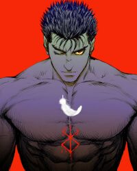Rule 34 | 1boy, arms at sides, berserk, black hair, bleeding, blood, brand of sacrifice, chest tattoo, colored sclera, glowing feather, guts (berserk), highres, looking at viewer, monochrome, muscular, muscular male, nisino2222, nude, one eye closed, red background, red eyes, scar, scar on face, scar on nose, short hair, simple background, solo, spiked hair, tattoo, yellow sclera