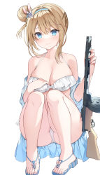 Rule 34 | 1girl, absurdres, bikini, blue eyes, blue hairband, breasts, chinese commentary, collarbone, commentary request, feet, frilled bikini, frills, girls&#039; frontline, gun, hair ornament, hairband, highres, jyt, legs, light brown hair, long hair, medium breasts, official alternate costume, one side up, revision, sandals, sidelocks, simple background, snowflake hair ornament, solo, submachine gun, suomi (girls&#039; frontline), suomi (midsummer pixie) (girls&#039; frontline), suomi kp/-31, swimsuit, thighs, toes, weapon, white background, white bikini