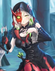 Rule 34 | 1girl, absurdres, breasts, cleavage, colored tips, detached sleeves, diabellstar the black witch, dress, duel monster, gloves, green eyes, green hair, half mask, highres, hood, hood up, large breasts, mask, medium hair, multicolored hair, red mask, single detached sleeve, single glove, single sleeve, solo, wislley, yu-gi-oh!