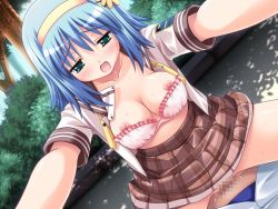 Rule 34 | 1boy, 1girl, blue hair, blush, breasts, censored, character request, cowgirl position, green eyes, hairband, hetero, open mouth, sex, short hair, source request, straddling, vaginal