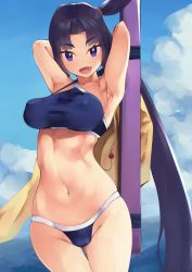 Rule 34 | 1girl, absurdres, armpits, arms behind head, arms up, bare shoulders, bikini, black hair, blue bikini, blue eyes, blue sky, blush, breasts, collarbone, covered erect nipples, fate/grand order, fate (series), hair bun, highres, jacket, unworn jacket, long hair, looking at viewer, medium breasts, navel, open mouth, parted bangs, rottenweiler, side bun, side ponytail, sidelocks, single hair bun, single side bun, sky, smile, solo, swimsuit, thighs, ushiwakamaru (fate), ushiwakamaru (fate/grand order), ushiwakamaru (swimsuit assassin) (fate), ushiwakamaru (swimsuit assassin) (first ascension) (fate), very long hair, yellow jacket