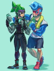 Rule 34 | 2boys, @ @, aqua background, arm around shoulder, arms (game), bad id, bad twitter id, blue eyes, blue hair, boots, chain, domino mask, full body, goggles, green hair, highres, looking at another, male focus, mask, multiple boys, ninjara (arms), nkraae, official style, orange eyes, pompadour, ponytail, shirt, shoes, short hair, shorts, simple background, sleeveless, sleeveless shirt, smile, sneakers, spring man (arms), sweat, t-shirt, thermos, towel, towel around neck, wristband