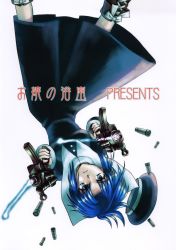 Rule 34 | 00s, blue eyes, blue hair, casing ejection, ciel (tsukihime), dual wielding, frown, gun, hands on own hips, hat, highres, holding, shell casing, smoke, smoking barrel, solo, tsukihime, upside-down, weapon