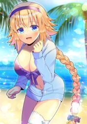 Rule 34 | 1girl, :d, bikini, black bikini, black hairband, blonde hair, blue eyes, blue jacket, blue sky, blurry, blurry background, blush, braid, breasts, cleavage, cloud, collarbone, commentary request, commission, day, depth of field, fate/grand order, fate (series), hair between eyes, hairband, hand up, hood, hood down, hooded jacket, horizon, jacket, jeanne d&#039;arc (fate), jeanne d&#039;arc (swimsuit archer) (fate), kou hiyoyo, large breasts, long hair, long sleeves, looking at viewer, navel, ocean, open mouth, palm tree, single braid, skeb commission, sky, sleeves past wrists, smile, solo, swimsuit, tree, very long hair, water
