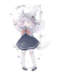 Rule 34 | 1girl, artist name, blush, bone, bubble, closed mouth, fairyapple, fish bone, grey eyes, hat, long sleeves, russian commentary, simple background, smile, solo, squid, sweater, tail, thighhighs, white background, white hair