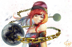 Rule 34 | 1girl, black shirt, chain, clothes writing, continents, earth (ornament), foreshortening, gold chain, head scarf, hecatia lapislazuli, heiyao, highres, looking at viewer, moon (ornament), motion blur, off-shoulder shirt, off shoulder, red eyes, red hair, shirt, solo, t-shirt, touhou, upper body