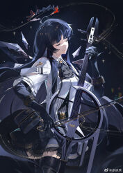 Rule 34 | 1girl, antenna hair, arknights, artist name, ascot, belt, belt buckle, belt pouch, black ascot, black background, black belt, black bustier, black garter straps, black gloves, black hair, black halo, black pouch, black skirt, black thighhighs, black wings, blunt bangs, bow (music), breasts, broken halo, buckle, bustier, buttons, cello, chinese text, closed eyes, closed mouth, collared jacket, colored inner hair, commentary, cowboy shot, dark halo, detached wings, dress shirt, energy wings, ershuihe, eyelashes, facing ahead, floating hair, from side, garter straps, glint, gloves, grey hair, grey shirt, halo, hand up, highres, hime cut, holding, holding bow (music), holding instrument, holding violin, instrument, jacket, layered sleeves, light particles, light smile, lips, long hair, long sleeves, medium breasts, miniskirt, mole, mole under eye, multicolored hair, music, pale skin, playing, playing instrument, pleated skirt, pouch, shade, shirt, short over long sleeves, short-sleeved jacket, short sleeves, sidelocks, skirt, solo, sparkle, staff (music), standing, symbol-only commentary, thighhighs, two-tone hair, very long hair, violin, virtuosa (arknights), watermark, weibo logo, weibo watermark, white belt, white jacket, wide sleeves, wing collar, wings, zettai ryouiki