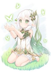 Rule 34 | 1girl, :o, bloomers, bracelet, bug, butterfly, cape, child, commentary request, cross-shaped pupils, detached sleeves, dress, genshin impact, gold trim, green cape, green eyes, green hair, green sleeves, hair between eyes, hair ornament, hands up, highres, insect, jewelry, leaf hair ornament, legs, light blush, long hair, looking at another, multicolored hair, nahida (genshin impact), on grass, pointy ears, sakurea, side ponytail, sidelocks, simple background, sitting, sleeveless, sleeveless dress, solo, stirrup legwear, symbol-shaped pupils, thighs, toeless footwear, toeless legwear, two-tone hair, underwear, wariza, white background, white bloomers, white dress, white footwear, white hair