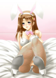 Rule 34 | 00s, 1girl, animal ears, ayato, bad id, bad pixiv id, bare shoulders, between thighs, blue eyes, blush, breasts, brown hair, covered erect nipples, fake animal ears, fishnet pantyhose, fishnets, hair ornament, highres, large breasts, long hair, lyrical nanoha, mahou senki lyrical nanoha force, mahou shoujo lyrical nanoha, pantyhose, playboy bunny, rabbit ears, solo, x hair ornament, yagami hayate