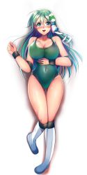 Rule 34 | 1girl, blush, boots, breasts, cover, elbow pads, frog, frog hair ornament, full body, green eyes, green hair, green leotard, hair ornament, hair tubes, kochiya sanae, large breasts, leotard, long hair, looking at viewer, lying, niwatori (eck16614), open mouth, simple background, snake, snake hair ornament, solo, touhou, touhou tag dream, white background, white footwear, wrestling outfit
