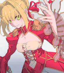 Rule 34 | 1girl, absurdres, anianiani0607, blonde hair, braid, breasts, cleavage, epaulettes, fate/extra, fate/extra ccc, fate/grand order, fate (series), foreshortening, french braid, from above, green eyes, hair bun, highres, leotard, looking at viewer, looking up, medium breasts, nero claudius (fate), nero claudius (fate) (all), see-through, smile, solo, type-moon, white background, white leotard
