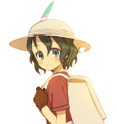 Rule 34 | 10s, 1girl, backpack, bag, black gloves, black hair, blue eyes, blush, bucket hat, from side, gloves, hair between eyes, hat, hat feather, kaban (kemono friends), kemono friends, looking at viewer, miyuu, no nose, red shirt, shirt, short hair, short sleeves, shorts, simple background, smile, solo, tareme, upper body, wavy hair, white background, white hat