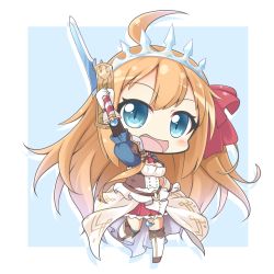 Rule 34 | 1girl, :d, ahoge, arm up, blue background, blue eyes, blue socks, blush, boots, bow, breasts, chibi, cleavage, commentary request, gloves, hair between eyes, hair bow, holding, holding sword, holding weapon, knee boots, kneehighs, light brown hair, long hair, looking at viewer, medium breasts, open mouth, pecorine (princess connect!), pleated skirt, princess connect!, puffy short sleeves, puffy sleeves, red bow, red skirt, shachoo., short sleeves, skirt, smile, socks, solo, standing, standing on one leg, sword, tiara, two-tone background, very long hair, weapon, white background, white footwear, white gloves