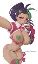 Rule 34 | 1girl, absurdres, bikini, black hair, breasts, commentary, covered erect nipples, creatures (company), dark-skinned female, dark skin, english commentary, fingerless gloves, game freak, gloves, green hair, heart pasties, highres, holding, holding poke ball, large breasts, looking at viewer, melowh, multicolored hair, navel, nemona (pokemon), nintendo, open mouth, pasties, patreon username, poke ball, pokemon, pokemon sv, ponytail, red gloves, short hair, short sleeves, side-tie bikini bottom, single thighhigh, solo, striped clothes, striped thighhighs, swimsuit, teeth, thighhighs, two-tone hair, upper teeth only, vertical-striped clothes, vertical-striped thighhighs, yellow eyes