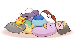 Rule 34 | banette, character print, clefairy, commentary request, creature, creatures (company), cushion, ditto, drifblim, from behind, game freak, gen 1 pokemon, gen 3 pokemon, gen 4 pokemon, gen 8 pokemon, morpeko, morpeko (full), nintendo, no humans, numel, official art, pikachu, piplup, poke ball print, pokemon, pokemon (creature), project pochama, solo, toes, white background