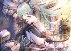 Rule 34 | 1girl, albino, animal, bare shoulders, barefoot, black gloves, black legwear, bottle, bucket, commentary request, crossed legs, ek masato, elbow gloves, flower, gloves, glowing, green eyes, green hair, hair between eyes, hair ornament, hatsune miku, hugging own legs, indoors, knees up, leotard, long hair, looking at viewer, mouse (animal), parted lips, partially fingerless gloves, picture frame, reflection, rose, sitting, solo, tail, twintails, very long hair, vocaloid, white flower, white leotard, white rose