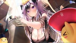 Rule 34 | 1girl, animal, animal on head, azur lane, bird, bird on head, black bow, black hair, blush, bow, breasts, brown sweater, clay, cleavage, closed mouth, commentary, curtains, elbe (azur lane), elbe (pure-hearted bad girl) (azur lane), english commentary, grey hair, hair between eyes, hair bow, highres, large breasts, logo, long hair, manjuu (azur lane), multicolored hair, nidaime (doronbo), off-shoulder sweater, off shoulder, official alternate costume, official art, on head, pottery, purple eyes, second-party source, sidelocks, solo, sunlight, sweatdrop, sweater, twintails, two-tone hair, upper body, watermark, window