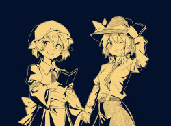 Rule 34 | 2girls, black background, book, bow, breasts, dress bow, fedora, hat, hat bow, holding, holding book, holding hands, jewelry, maribel hearn, mob cap, multiple girls, necklace, necktie, sepia, skirt, touhou, tuck (tuck23978434), usami renko