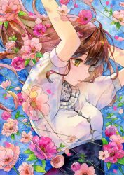 Rule 34 | 1girl, absurdres, arms up, black skirt, blouse, blush, breasts, brown hair, buttons, commentary request, facing to the side, falling petals, floral background, flower, green eyes, highres, light particles, long hair, looking ahead, original, painting (medium), parted lips, petals, shirt, short sleeves, signature, skirt, small breasts, smile, solo, traditional media, upper body, watercolor (medium), white shirt, wind, yuyuharu 1027