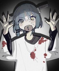 Rule 34 | 1girl, absurdres, alternate costume, blood, blood on clothes, blue hair, bocchi the rock!, fang, highres, kitchen knife, knife, looking at viewer, machuuu68, mole, mole under eye, open mouth, stitches, yamada ryo, yellow eyes, zombie