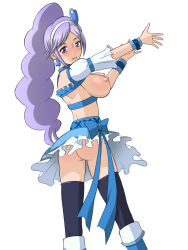 Rule 34 | 00s, 1girl, aono miki, ass, black legwear, blush, breasts, cure berry, earrings, fresh precure!, hairband, highres, jewelry, large breasts, legs, long hair, looking at viewer, nipples, no bra, no panties, precure, purple eyes, purple hair, sideboob, simple background, skirt, smile, solo, standing, thighs, white background