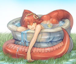 Rule 34 | 10s, absurdres, ass, commission, day, grass, hair ornament, highres, jewelry, lamia, leaning on object, long hair, looking at viewer, miia (monster musume), monster girl, monster musume no iru nichijou, open mouth, outstretched arm, pointy ears, ponytail, red hair, ring, rubber duck, scales, sky, smile, snake tail, solo, sookmo, tail, wading pool, water, wedding band, yellow eyes