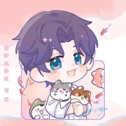 Rule 34 | &gt; &lt;, 1boy, :3, :d, animal, artist name, blue eyes, blush, cat, chibi, fish, holding, holding animal, holding cat, long sleeves, looking at viewer, love and deepspace, male focus, open mouth, outline, pink background, purple hair, purple outline, rafayel (love and deepspace), shirt, short hair, signature, simple background, smile, solo, upper body, white outline, white shirt, zs hetao