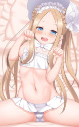 Rule 34 | 1girl, abigail williams (fate), abigail williams (swimsuit foreigner) (fate), abigail williams (swimsuit foreigner) (third ascension) (fate), bare shoulders, bikini, blonde hair, blue eyes, blush, bonnet, bow, braid, braided hair rings, breasts, fate/grand order, fate (series), forehead, hair bow, hair rings, highres, long hair, looking at viewer, miniskirt, navel, open mouth, otomix, parted bangs, paw pose, sidelocks, skirt, small breasts, smile, spread legs, swimsuit, thighs, twin braids, twintails, very long hair, white bikini, white bow, white headwear