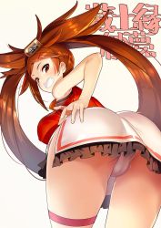 Rule 34 | 1girl, ass, bent over, breasts, brown eyes, brown hair, chinese clothes, frilled skirt, frills, from behind, guilty gear, guilty gear xrd, hair ornament, hairclip, hand on own ass, highres, huge ass, kuradoberi jam, large breasts, looking at viewer, looking back, panties, pantyshot, skirt, teeth, twintails, underwear, white panties, yamacchi