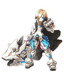 Rule 34 | 1boy, aqua eyes, armor, blackjd83, blonde hair, boots, cape, chung seiker, clenched hand, elsword, full armor, full body, fury guardian (elsword), gloves, greaves, hair flaps, huge weapon, male focus, no nose, official art, ress, serious, solo, weapon, white background