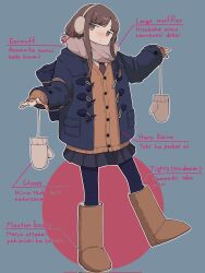 Rule 34 | 1girl, bag, black skirt, blue jacket, blue pantyhose, blush, boots, brown eyes, brown hair, brown necktie, cardigan, corrupted twitter file, earmuffs, enpera, flat chest, grey background, grey mittens, grey scarf, hairband, head tilt, highres, jacket, jitome, knee boots, long hair, long sleeves, looking at viewer, miniskirt, mittens, necktie, open clothes, open jacket, original, outline, outstretched arms, pantyhose, pleated skirt, rororodly, scarf, school bag, school uniform, sidelocks, skirt, sleeves past wrists, solo, standing, standing on one leg, toggles, white outline