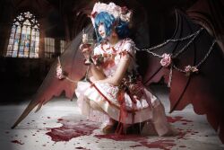 Rule 34 | 1girl, alcohol, bat wings, blood, blue hair, bow, bowtie, breasts, brooch, closed mouth, collared shirt, cosplay photo, cup, drinking glass, flower, frilled shirt collar, frilled skirt, frilled sleeves, frills, full body, hat, highres, holding, holding cup, indoors, jewelry, large wings, medium hair, mob cap, photo (medium), pink flower, pink hat, pink rose, pink shirt, pink skirt, pointy ears, red bow, red bowtie, red brooch, red flower, red rose, red wine, remilia scarlet, rose, sakura2333owo, shirt, shoes, skirt, small breasts, solo, stained glass, touhou, wine, wine glass, wings