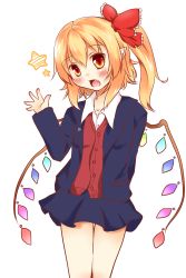 Rule 34 | 1girl, absurdres, bad id, bad pixiv id, blazer, blonde hair, bow, cardigan, contemporary, flandre scarlet, hair bow, highres, jacket, open hand, open mouth, pointy ears, red eyes, school uniform, side ponytail, sisterakuma, solo, touhou, white background, wings