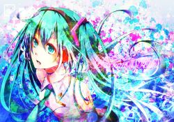 Rule 34 | 1girl, abstract, aqua eyes, aqua hair, bad id, bad pixiv id, detached sleeves, female focus, hatsune miku, headset, highres, long hair, necktie, nou (nounknown), open mouth, solo, twintails, vocaloid