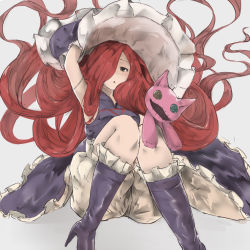 Rule 34 | 10s, 1girl, :o, anna (granblue fantasy), armlet, bad id, bad pixiv id, bloomers, blush, boots, buttons, dress, floating hair, frilled boots, frilled dress, frilled gloves, frilled hat, frills, gloves, granblue fantasy, hair over one eye, hat, high heel boots, high heels, highres, holding, knees together feet apart, long hair, minikon, open mouth, orange eyes, purple dress, purple footwear, purple hat, red hair, sitting, sleeveless, sleeveless dress, solo, stuffed animal, stuffed cat, stuffed toy, underwear, very long hair, witch, witch hat